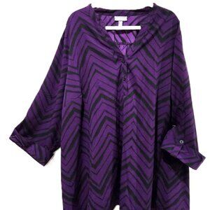 ESSENTIALS PURPLE BLACK ZIG ZAG CHEVRON V-NECK TAB SLEEVE TUNIC BLOUSE  4X – 5X